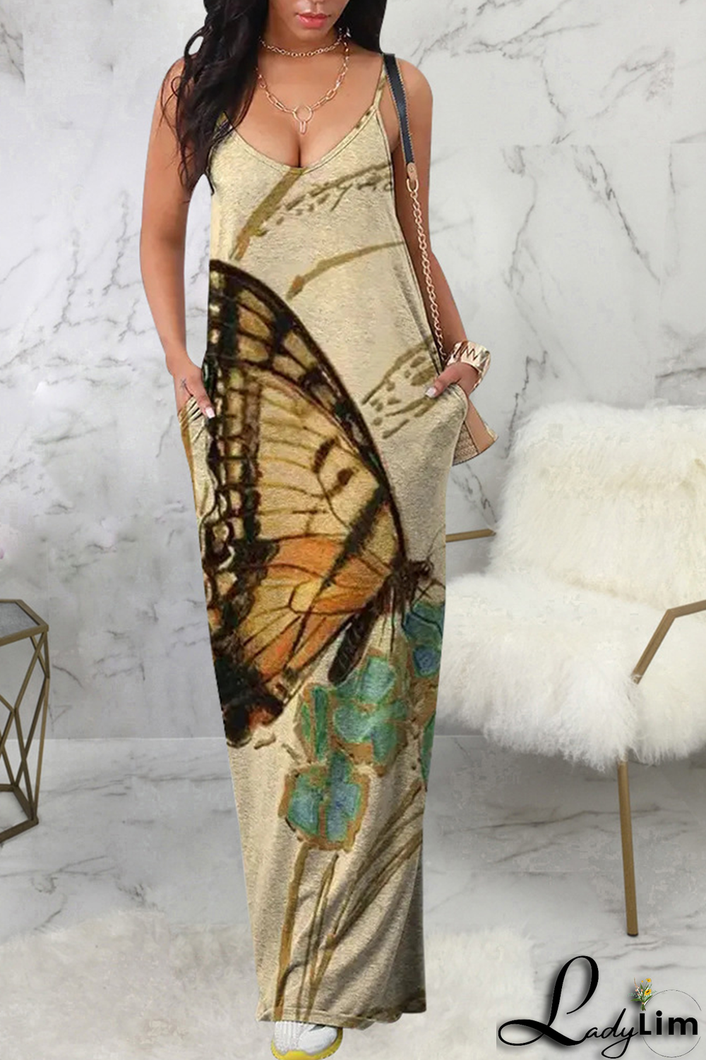Camel Fashion Print Patchwork Spaghetti Strap Straight Dresses