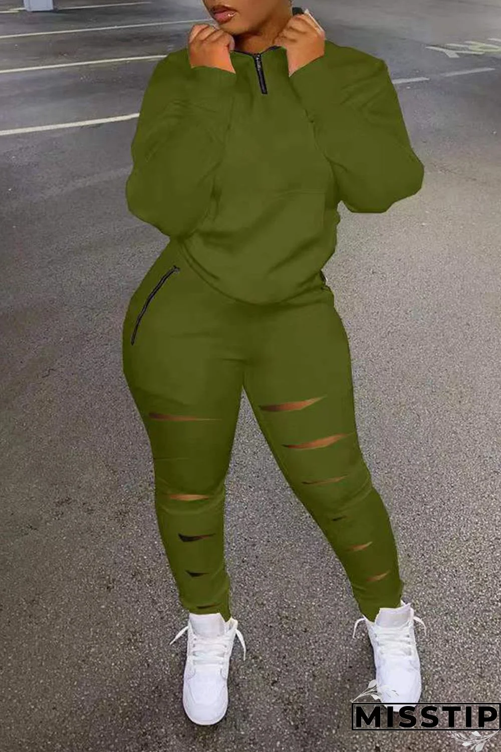 Coffee Casual Sportswear Solid Hollowed Out Patchwork Zipper Collar Long Sleeve Two Pieces