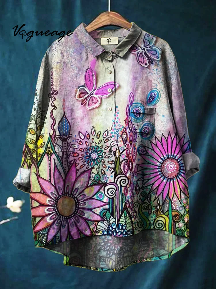 Colorful Painted Butterflies And Flowers Printed Cotton And Linen Shirt