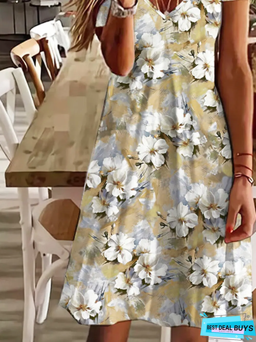 Casual Floral Loosen V Neck Midi Dress
