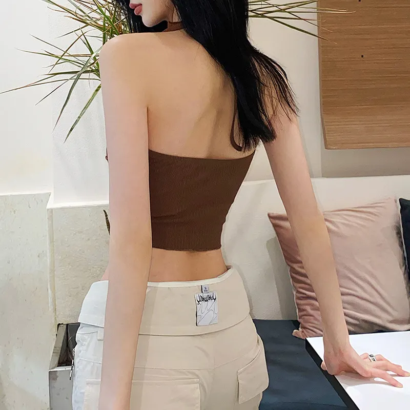 Uveng Spring 2024 New Women's Clothing Solid Color Sexy Strap Hanging Neck Folded Body Open Umbilical Vest