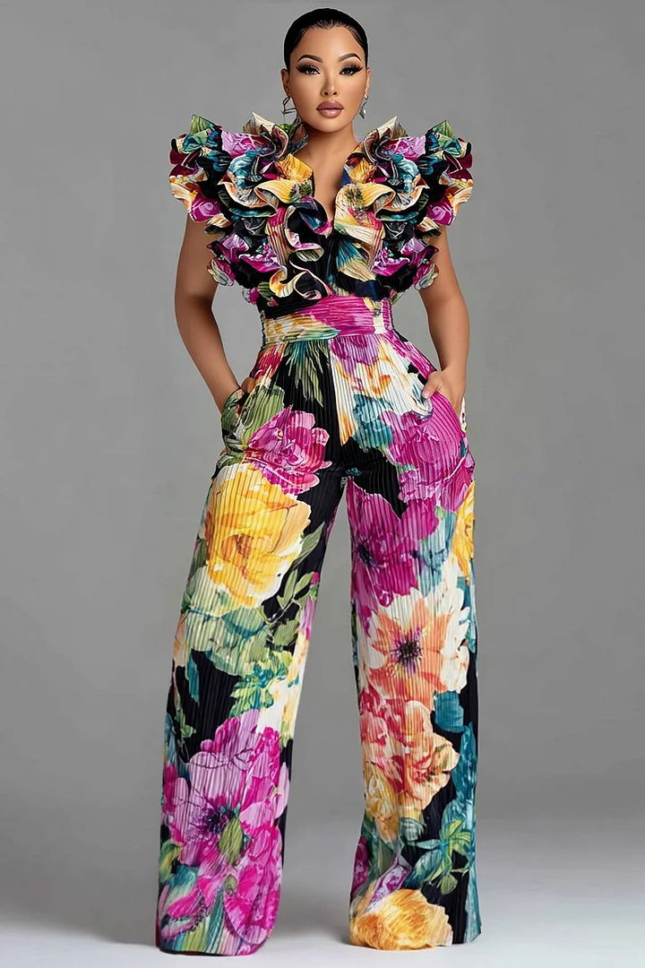 Xpluswear Design Plus Size Wedding Guest Multicolor All Over Print V Neck 3D Pocket Jumpsuits 2024 - Xpluswear