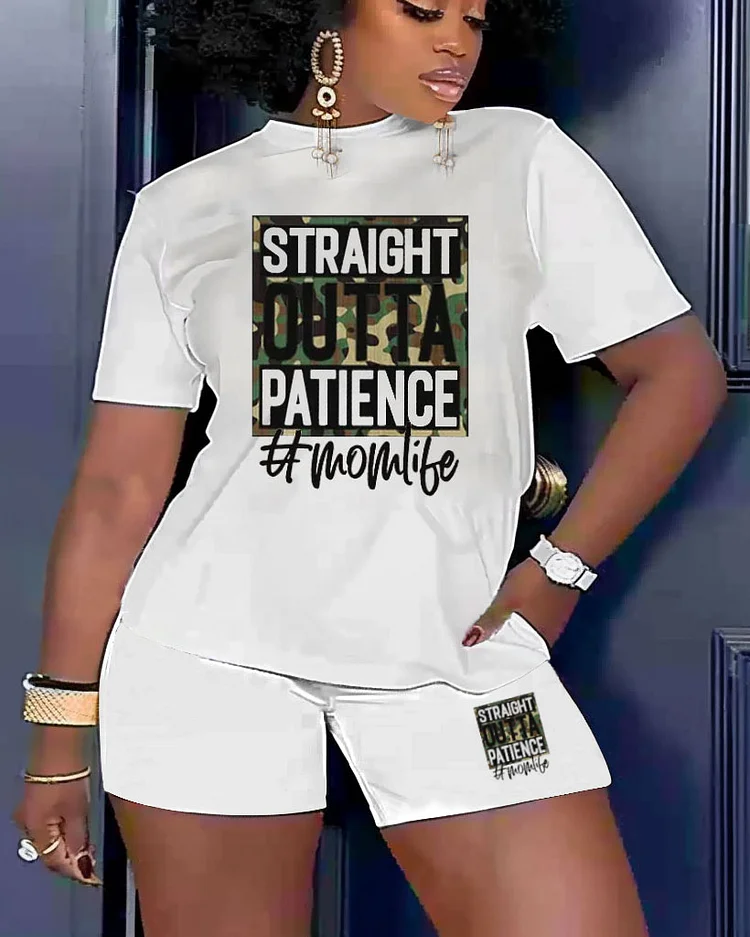 Women's Plus Size Street Straight Patience Today Short Sleeve Shorts Set