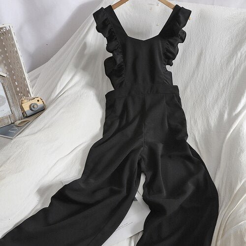 FTLZZ Spring New Arrival Women Casual Solid Jumpsuit Office Lady Sleeveless Ruffle Sexy Top Long Wide Leg Pants Outfits