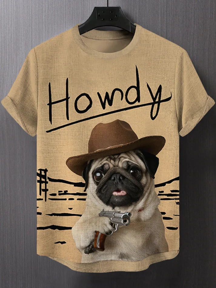 Men's Western Cowboy Howday Pug Print T-Shirt