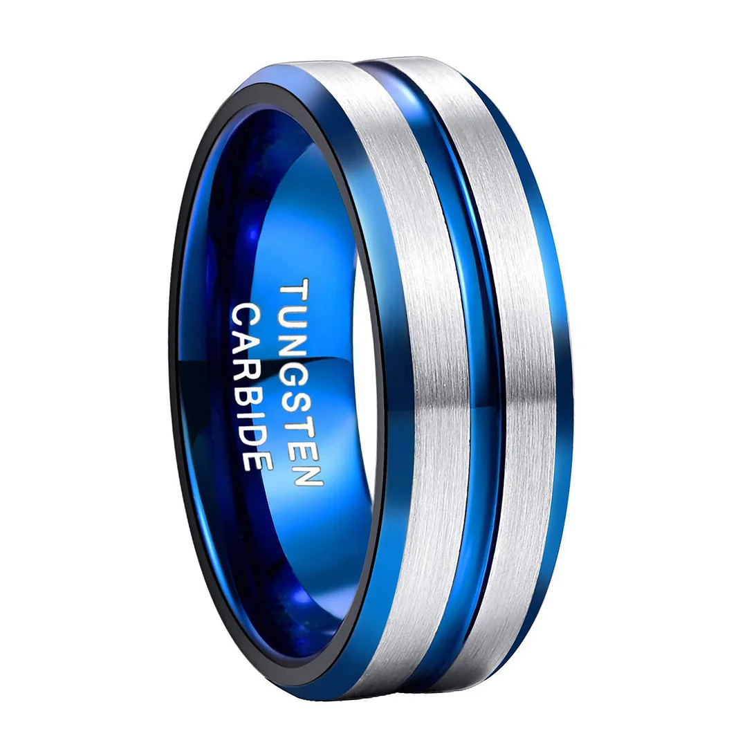 Tungsten Carbide Rings with Grooved Inlay Black Silver Rose Gold Blue Wedding Band for Men Women