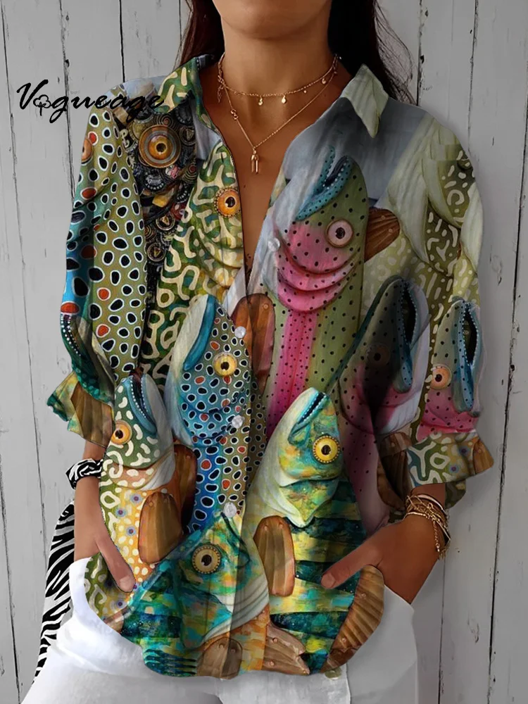 Charming Lively And Interesting Fish Printed Cotton And Linen Shirt