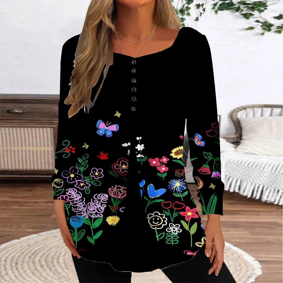 Women Graphic,Black DZGG8388 Long Sleeve Scoop Neck Printed Graphic Button Fake 2in1 Tops