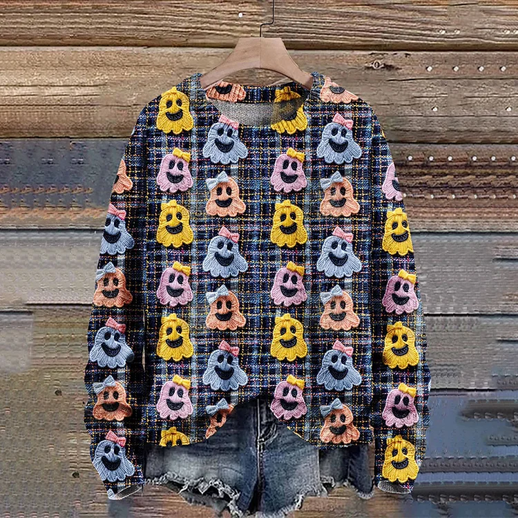 Ghost Autumn Season Halloween Art Print Knit Pullover Sweater