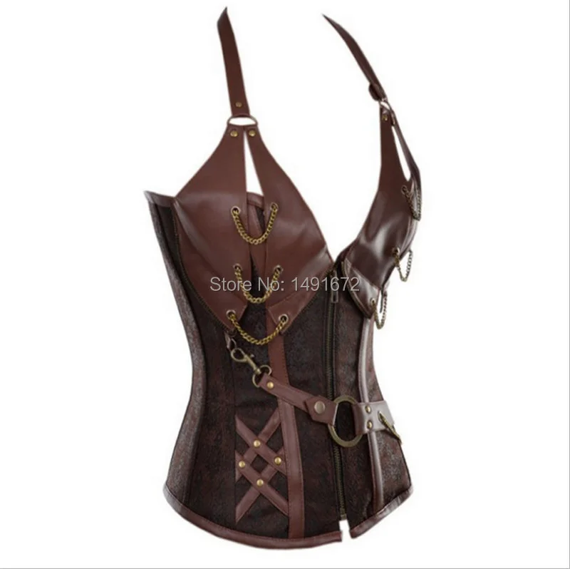 Billionm Sapubonva steampunk corsets and bustiers halter plus size corset pu leather gothic punk corset zip burlesque basque costume sexy