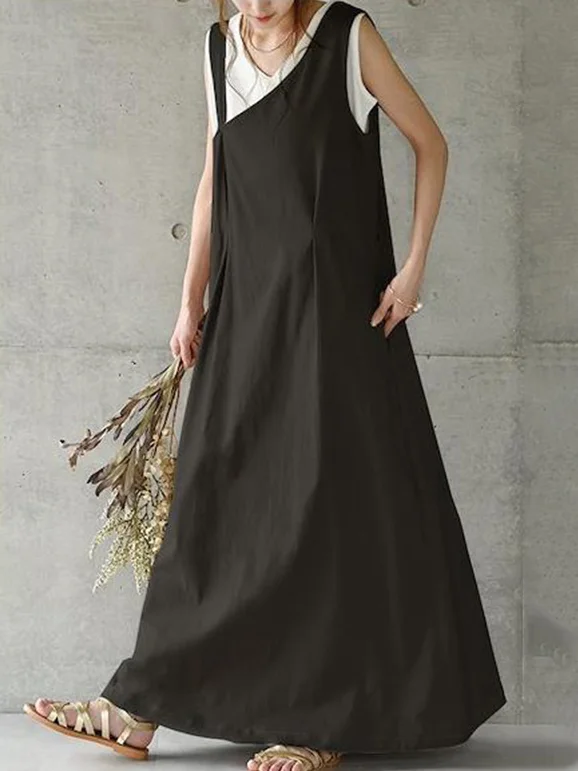 Casual Ramie Cotton Solid Color Belted V-Neck Sleeveless High-Waist One-Shoulder Strap Dress