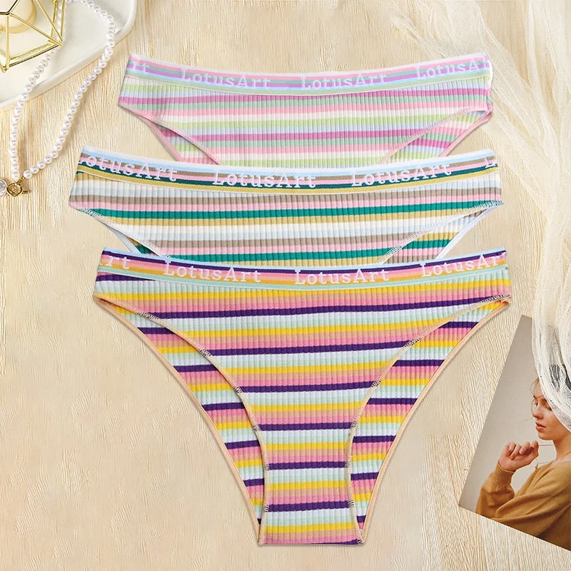 FINETOO 3PCS/Set Women Cotton Seamless Panties for Female M-XL Underwear Panty Sexy Colorful Striped Lingerie Letter Waist Brief