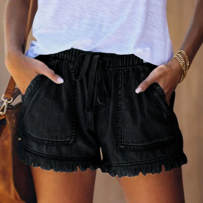Toloer Tighten The Waist Tassel Denim Shorts Woman-Outfit Ideas