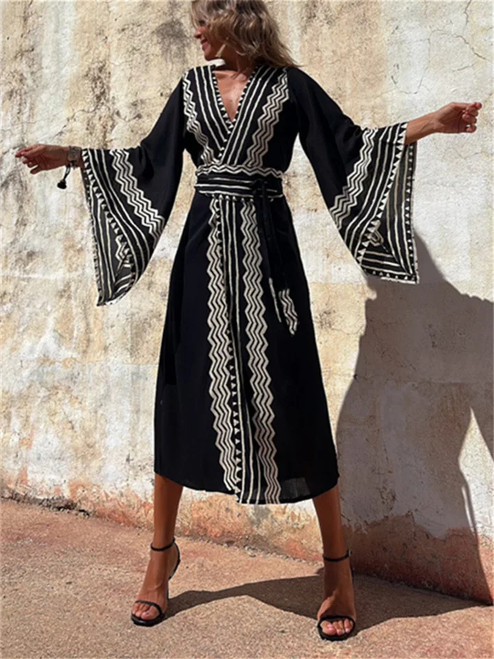 Dress Long V-neck Loose Flared Sleeve Casual Style Women's Bohemian Geometric Pattern Print Oversized Hem Dress Dress