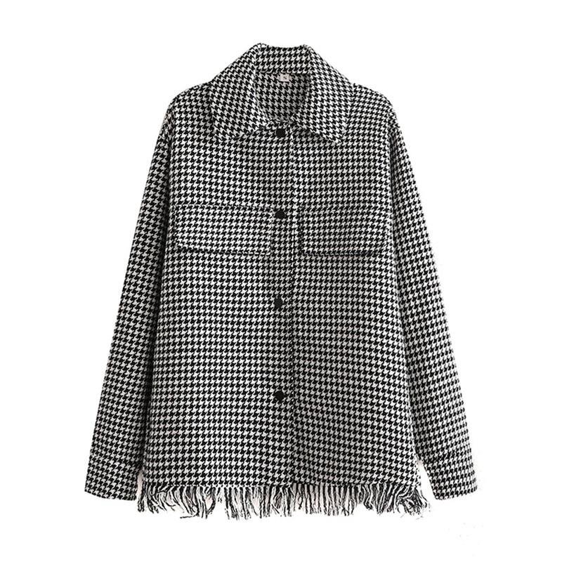 PUWD Casual Woman Loose Houndstooth Tassel Shirt Coat 2021 Chic Fashion Ladies Oversized Plaid Jacket Female Streetwear Outwear