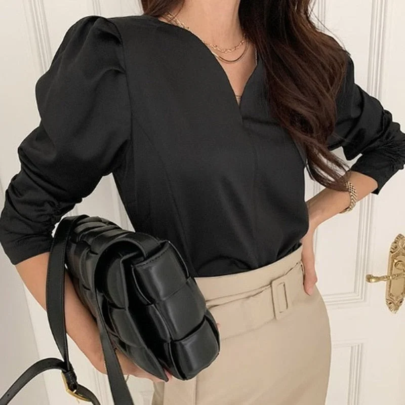Puff Sleeve Office Lady V-neck Long Sleeve Women Blouse Spring New Korean Chic Casual Woman Shirts White Tops Blusas Mujer 12899