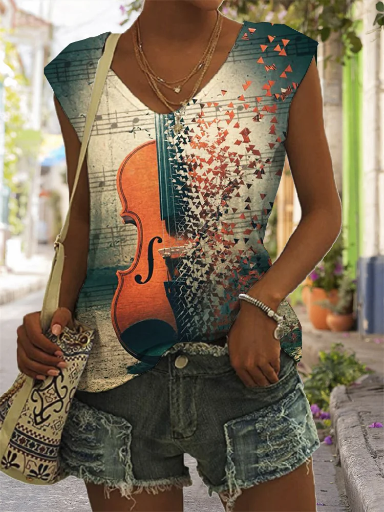 Violin Art V Neck Casual Tank Top