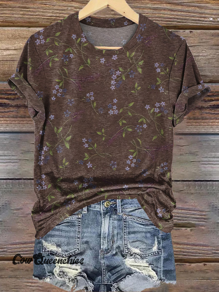 Vintage Floral Art Print Casual T-Shirt Brown / S