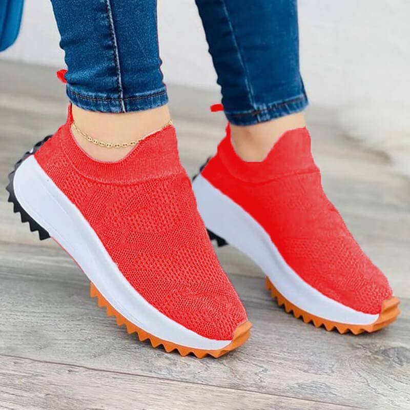 Women's Fashion Casual Athletic Flyknit Fabric Slip On Platform Heel Sneakers