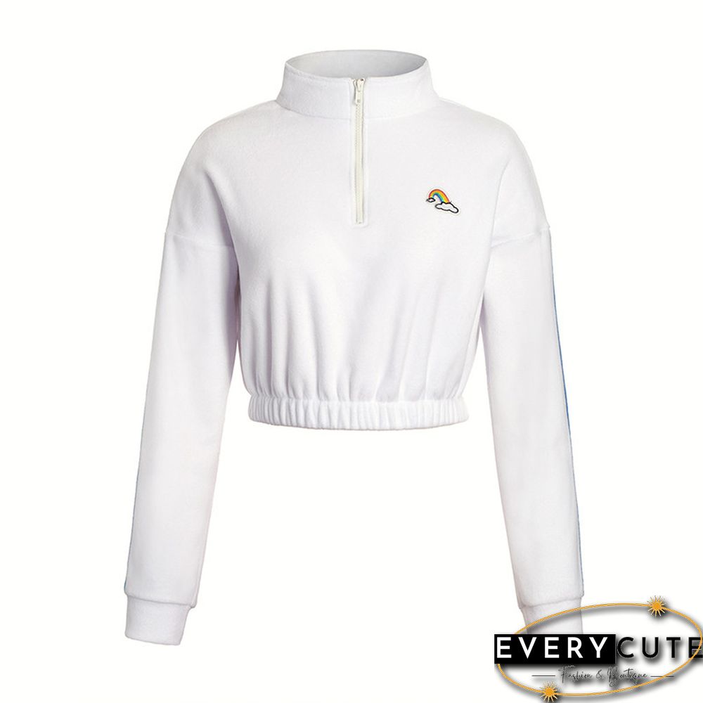 White Zipperd Up Crop Hoodie