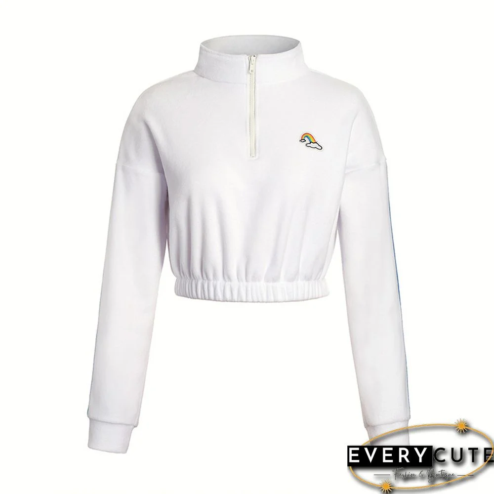 White Zipperd Up Crop Hoodie
