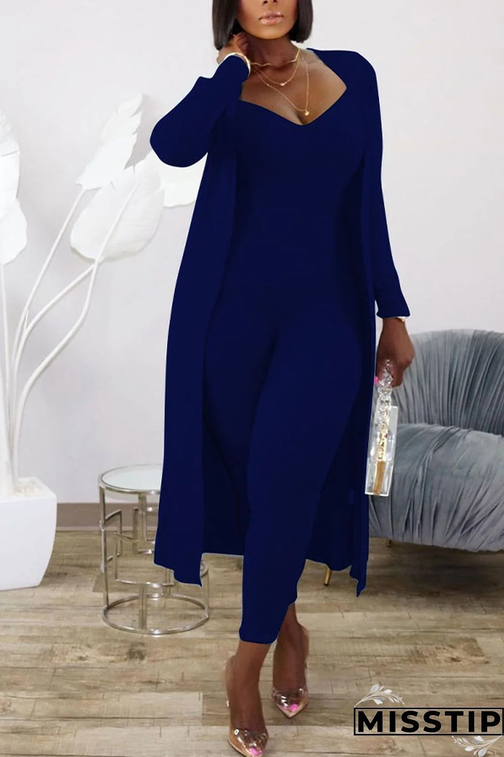 Dark Blue Fashion Solid pencil Long Sleeve Two Pieces