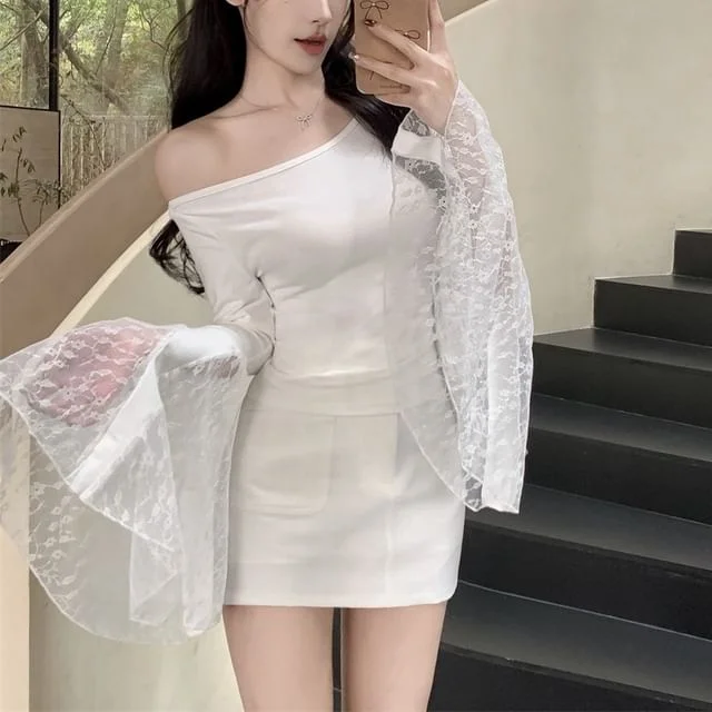 Long-Sleeve Off Top Panel Shoulder Lace Plain
