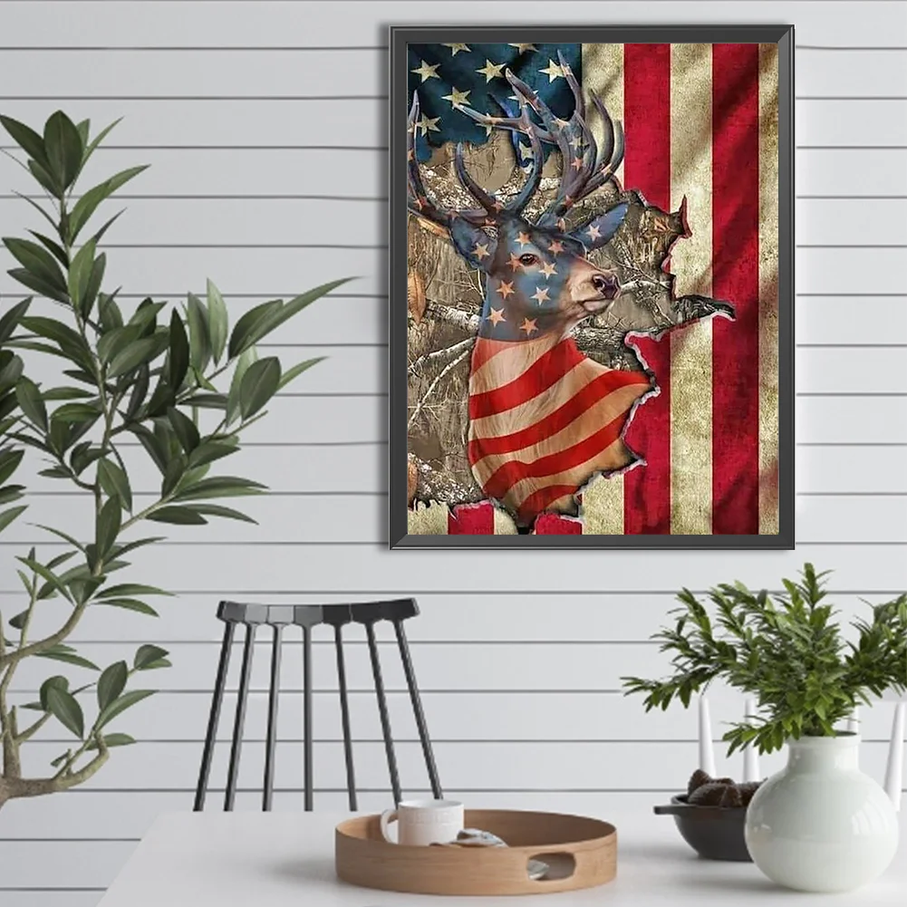 Full Round Diamond Painting 30*40cm - Elk And The Stars And Stripes