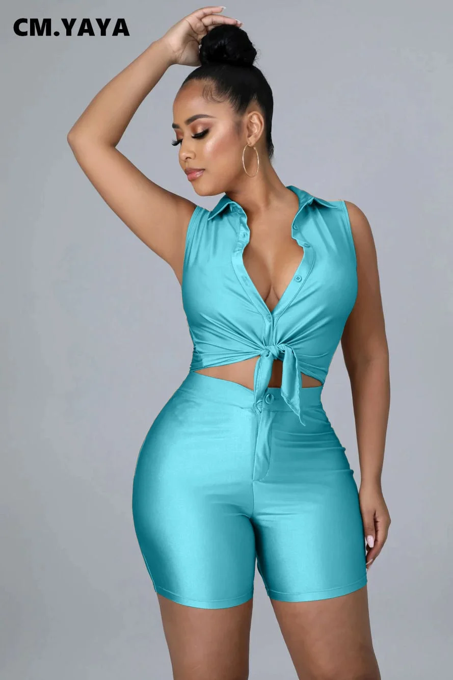 CM.YAYA Elegant Active Women's Set Sleeveless Shirt Top and Shorts Suit Tracksuit Two 2 Piece Set Fitness Outfits 2022 Summer