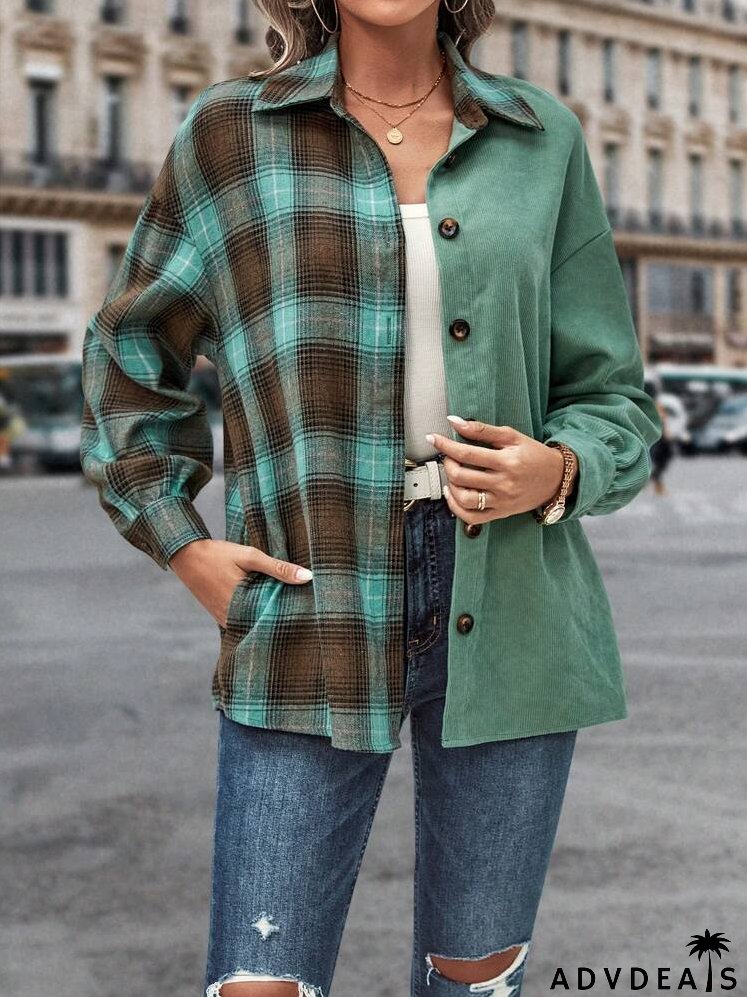 Plaid Print Drop Shoulder Corduroy Jacket