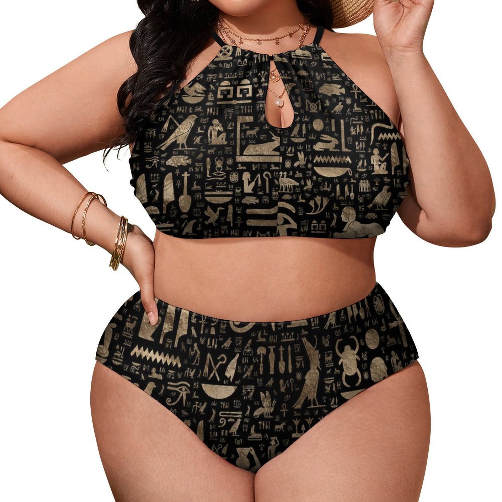 Women's Egyptian Hieroglyphs High Waisted Two-Piece Plus Size Bikini Swimsuits Sets