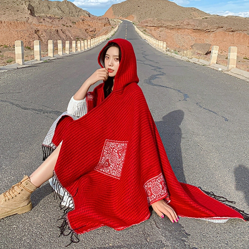 Ethnic Style Hooded Shawl Cloak Lijiang Xinjiang Tibet Northwest Tourism Wear Photograph Warm Outer Cape