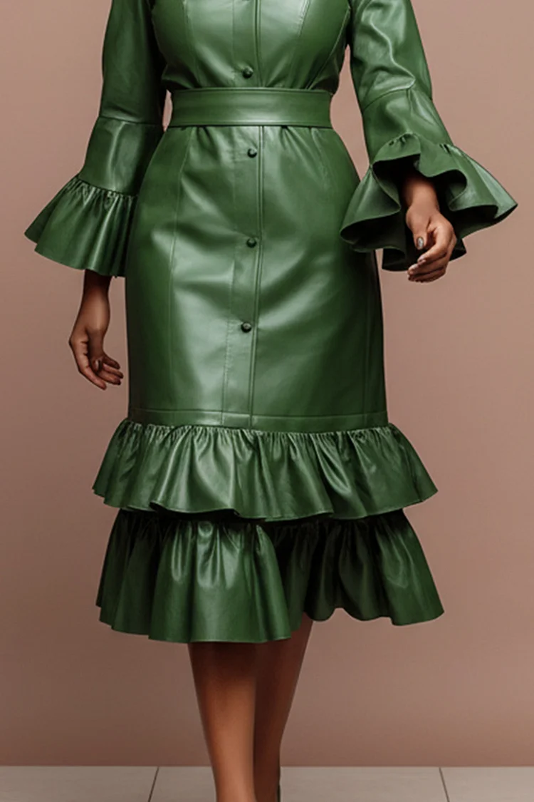 Xpluswear Design Plus Size Business Casual Green Shirt Collar Flare Long Sleeve Ruffle Elegant Bodycon PU Leather Midi Dresses Green-2XL/18-20 Xpluswear Design Plus Size Business Casual Green Shirt Collar Flare Long Sleeve Ruffle Elegant Bodycon PU Leather Midi Dresses Green-2XL/18-20