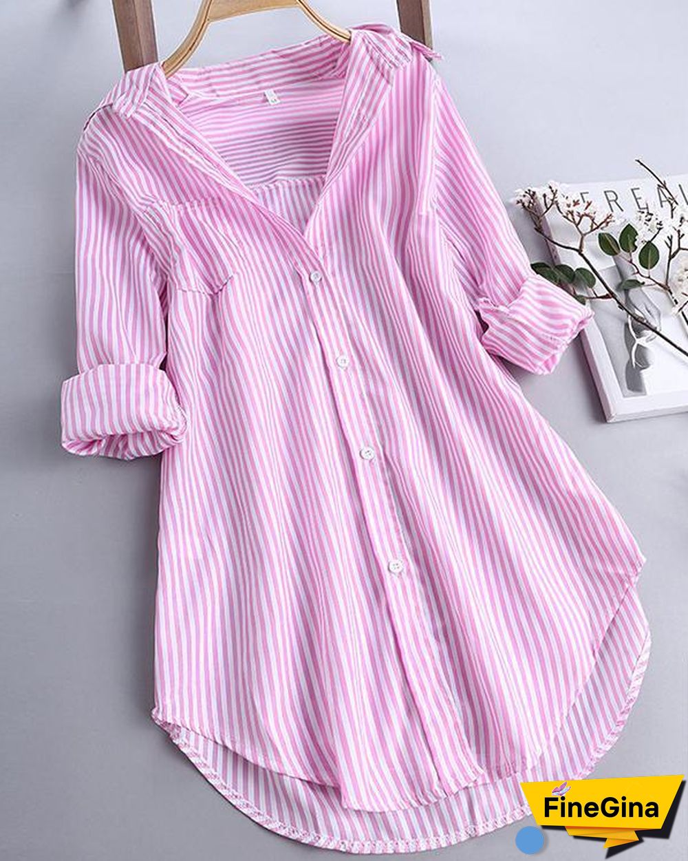 Chic Stripe Long Sleeve Turn-down Collar Loose Shirts