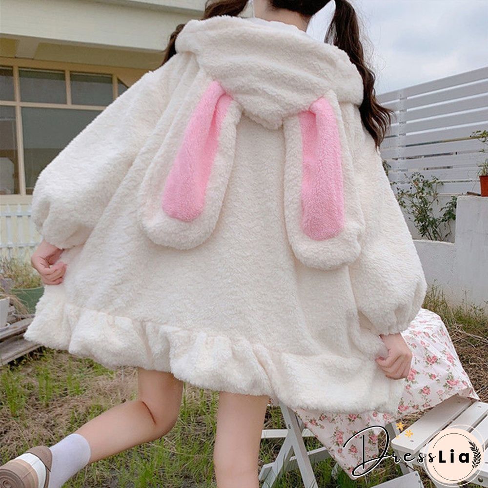 New Women Kawaii Zipper Hooded Coat Rabbit Ears Cute Sweet Girls Harajuku Style Warm Jacket