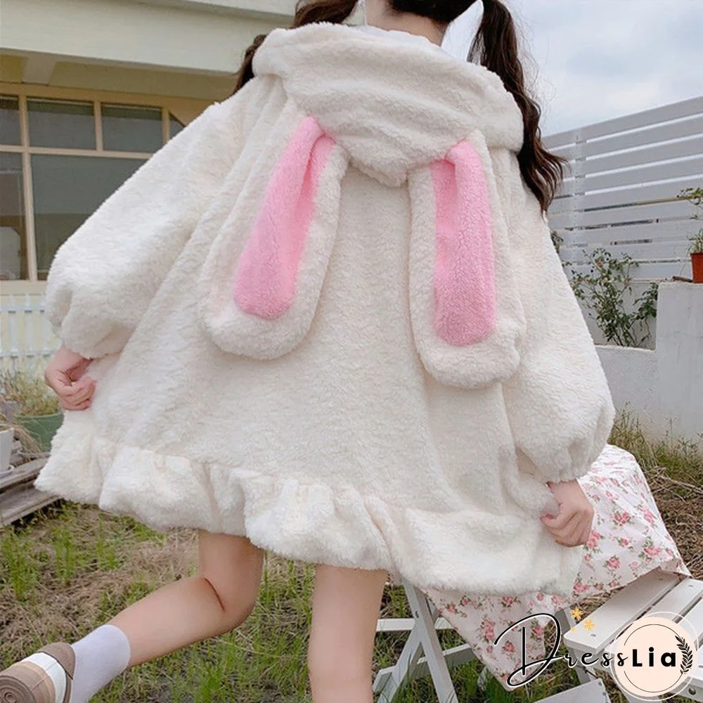 New Women Kawaii Zipper Hooded Coat Rabbit Ears Cute Sweet Girls Harajuku Style Warm Jacket