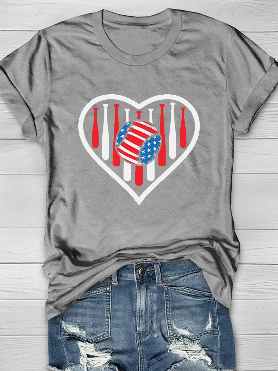 4th Of July Heart Baseball Print Short Sleeve T-Shirt
