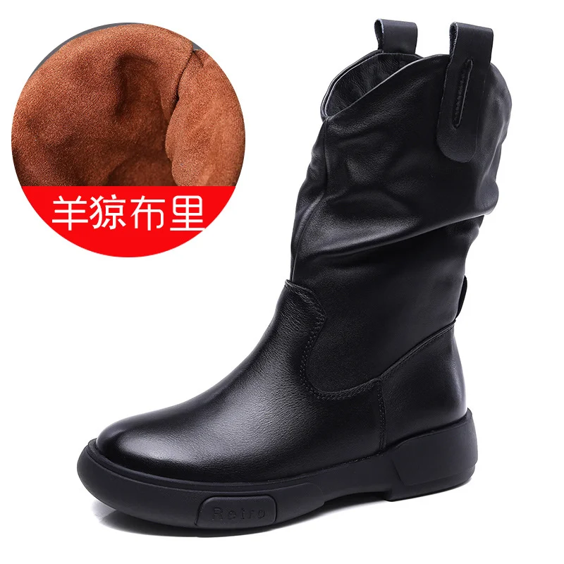 Yyvonne Boots Pile Boots Top Layer Of Kraft Mid-Sleet Boots Women Flat Bottom Soft Skin Autumn Winter Leather Martin Boots Horse Rider Boots