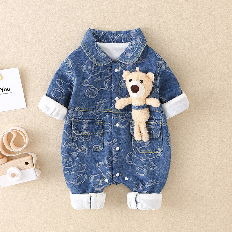 Baby Boy Bear Doll Decor Allover Bear Print Botton Up Long Sleeve Denim Romper
