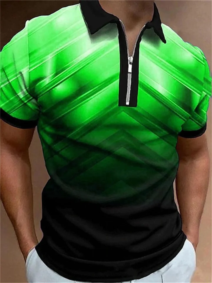 Men's Collar Polo Shirt Golf Shirt Gradient Turndown Green Purple Pink Light Blue 3D Print Street Daily Short Sleeve Zipper 3D Clothing Apparel Fashion Casual Comfortable / Beach
