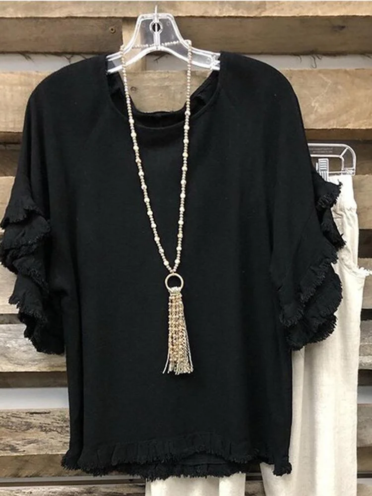Plain Tassel Patchwork Middle Sleeve Round Neck Top