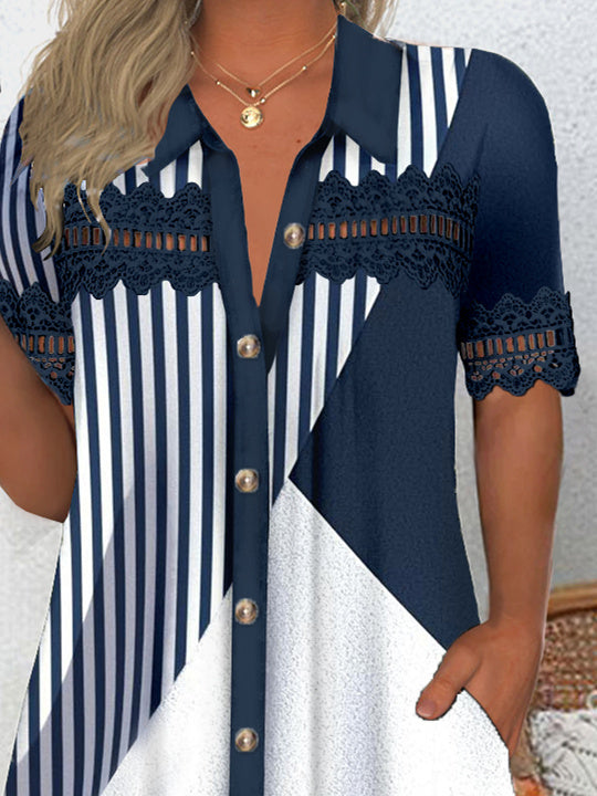 (PRE ORDER)Women's Short Sleeve V-neck Graphic Lace Buttons Tops