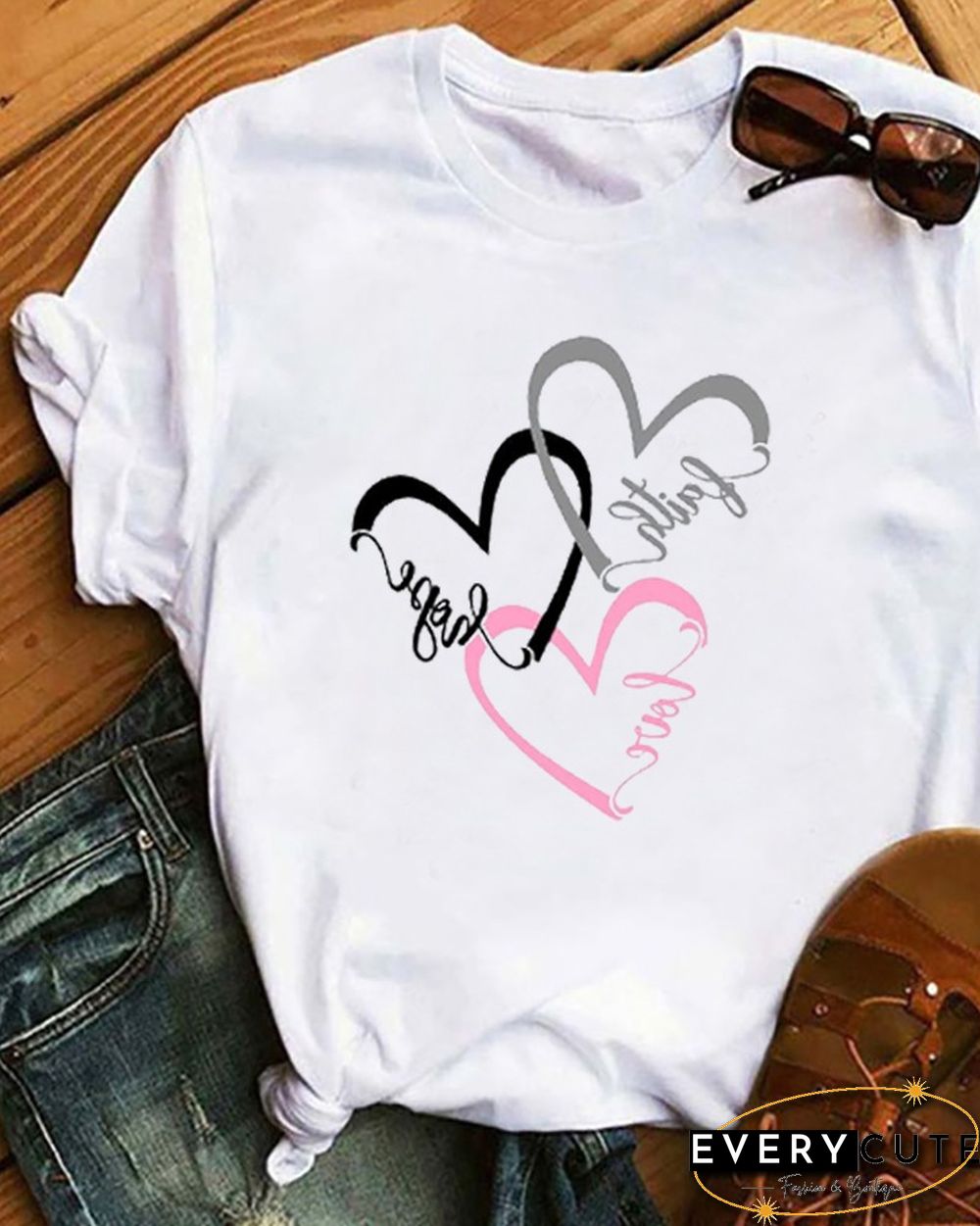 Heart Print Short Sleeve Casual T-Shirt