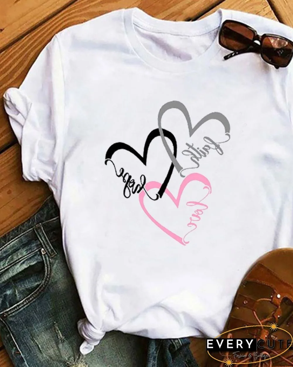 Heart Print Short Sleeve Casual T-Shirt