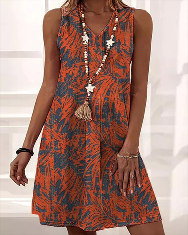 V Neck Leaves Sleeveless Casual Woven Dresses