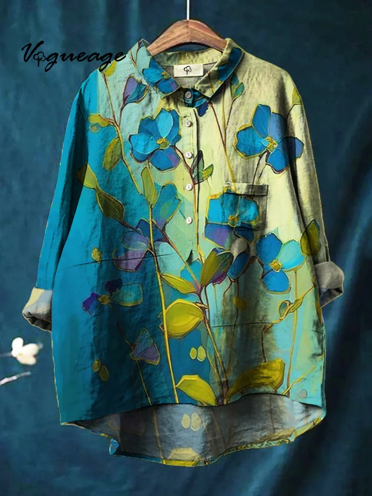 Beautiful Bright And Comfortable Plants And Flowers Print Cotton And Linen Shirt