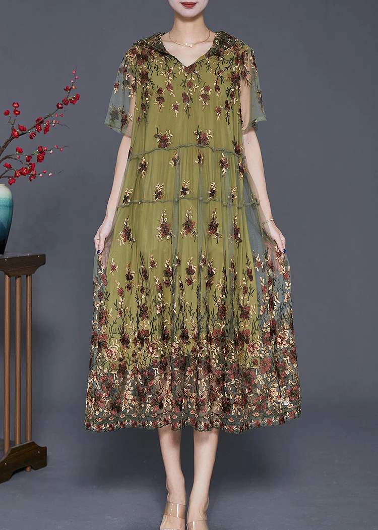 Italian Green Embroidered Tulle Party Dress Summer