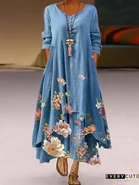 Casual Dress Shift Line Long Maxi Yellow Light Green Pink Sleeve Leaf Print Spring Fall