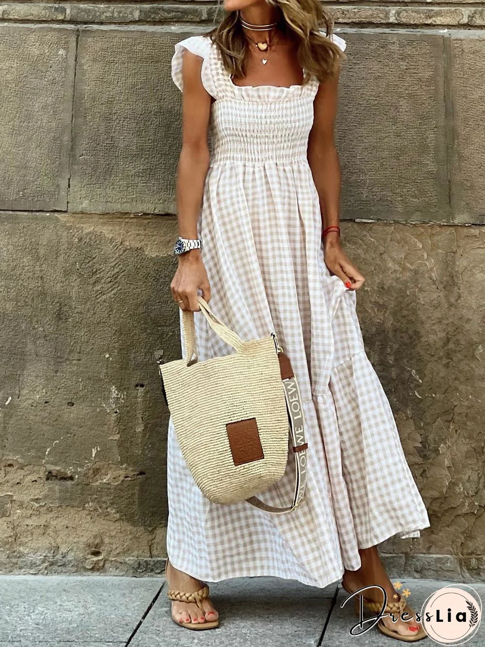 Women'S Dresses Square Neck Plaid Print Ruffle Sleeve Dress