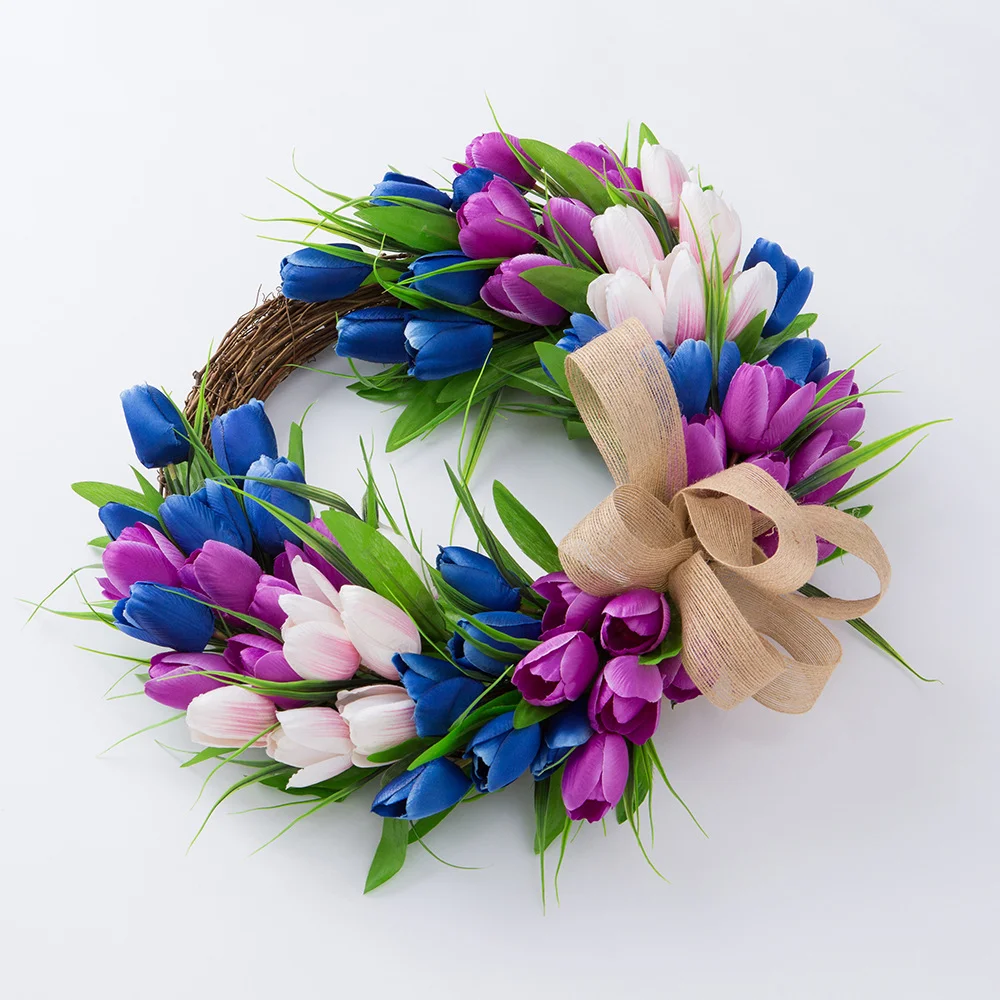 Natural Rattan Festive Simulation Blue Purple Tulip Wreath Decoration